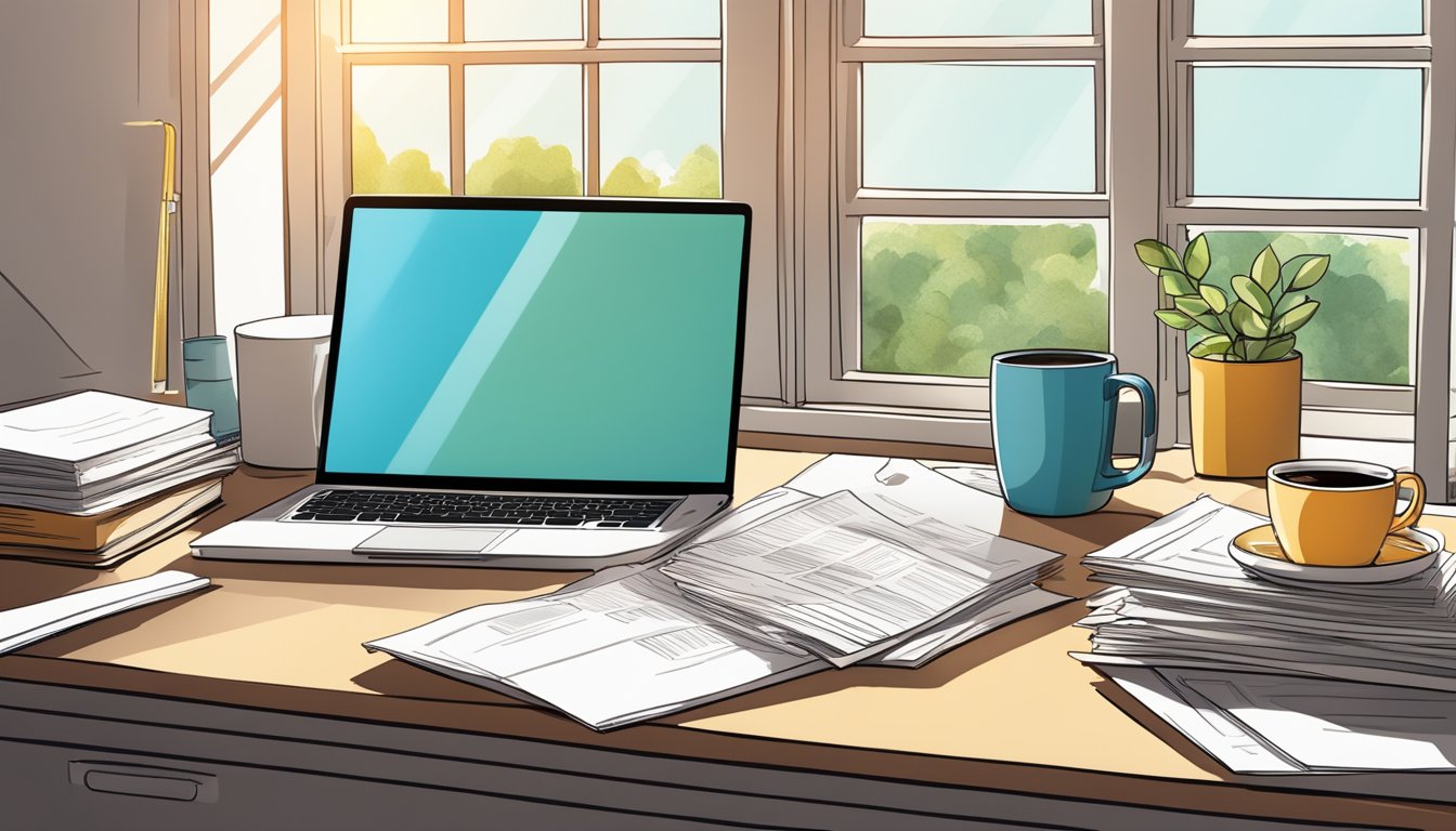 A desk cluttered with a laptop, notebook, and coffee mug. Sunlight streams through the window onto a stack of papers labeled